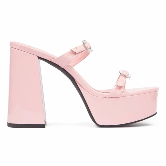 NEW Black Suede Studio Pink Patent Heels Elsie Platform Sandal Crystal Buckle 39 - Picture 3 of 11